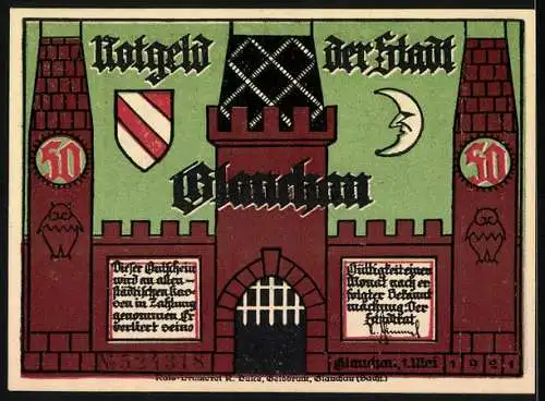 Notgeld Glauchau, 1920, 50 Pfennig, Silhouetten von Menschen und eine Burg mit Wappen und Mond