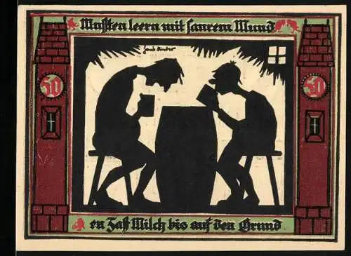 Notgeld Glauchau 1920, 50 Pfennig, zwei Männer trinken Bier in Schattenschnitt vor Burgmotiv