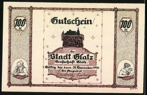 Notgeld Glatz, 1921, 100 Pf, Gutschein der Stadt Glatz Grafschaft Glatz mit volkstümlichem Motiv