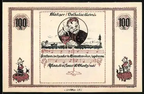 Notgeld Glatz 1921, 100 Pf, Gutschein der Stadt Glatz mit Volksliedertext und Illustrationen