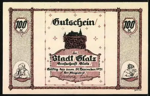 Notgeld Glatz 1921, 100 Pf, Gutschein der Stadt Glatz mit Volksliedertext und Illustrationen