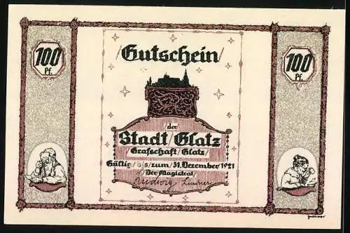 Notgeld Glatz 1921, 100 Pf., Gutschein der Stadt Glatz, gültig bis 31. Dezember 1921, Waage Darstellung