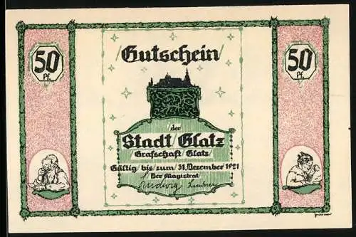 Notgeld Glatz 1921, 50 Pf, Gutschein der Stadt Glatz, Volksliedlein und Illustrationen