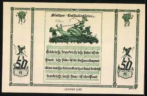 Notgeld Glatz 1921, 50 Pf, Gutschein der Stadt Glatz, Volksliedlein und Illustrationen