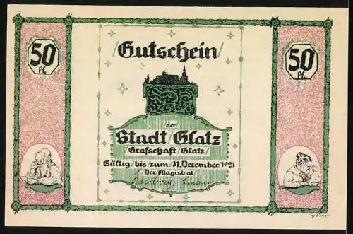 Notgeld Glatz, 1921, 50 Pf, Gutschein der Stadt Glatz, grüne und rosa Verzierungen mit Abbildungen