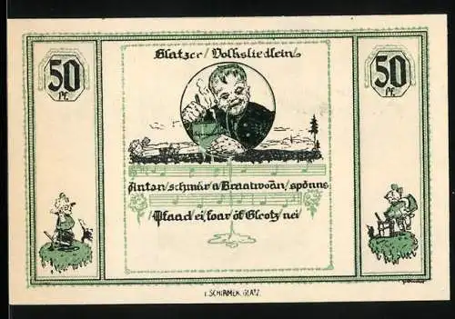 Notgeld Glatz 1921, 50 Pf, Stadtansicht und Volksliedillustration