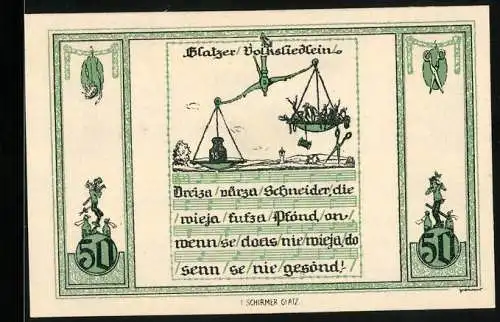 Notgeld Glatz 1921, 50 Pf, Gutschein der Stadt Glatz mit Volkslied und Waage-Illustration