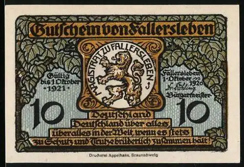 Notgeld Fallersleben 1920, 10 Pfennig, Löwe und Denkmal von Hoffmann von Fallersleben