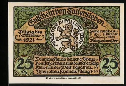 Notgeld Fallersleben 1920, 25 Pfennig, Gültig bis 1. Oktober 1921, Motiv: Rathaus, Hofmann von Fallersleben, Schloss