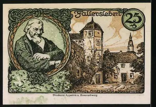 Notgeld Fallersleben 1920, 25 Pfennig, Gültig bis 1. Oktober 1921, Motiv: Rathaus, Hofmann von Fallersleben, Schloss