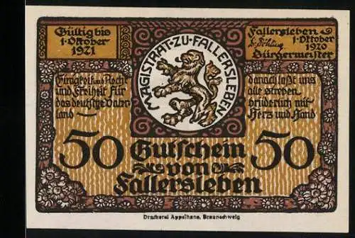 Notgeld Fallersleben 1920, 50 Gutschein, Löwenwappen und Dichter-Geburtshaus