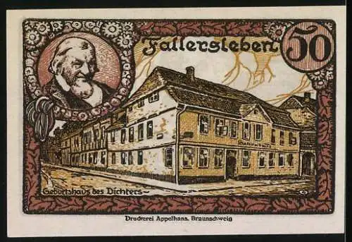 Notgeld Fallersleben 1920, 50 Gutschein, Löwenwappen und Dichter-Geburtshaus