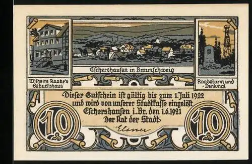 Notgeld Eschershausen 1921, 10 Pfennig, Wilhelm Raabes Geburtshaus und Raabeturm