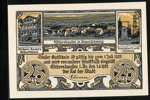 Notgeld Eschershausen 1921, 25 Pfennig, Wilhelm Raabes Geburtshaus und Raabeturm, Zitat Die Berge sind den Göttern hei