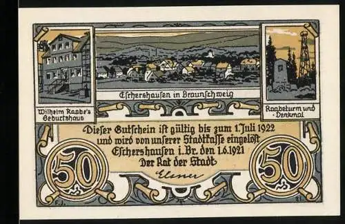 Notgeld Eschershausen 1921, 50 Pfennig, Wilhelm Raabe Geburtshaus, Raabeturm und Denkmal, Landschaft, Zitat von Wilhelm