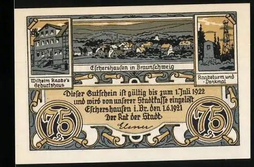 Notgeld Eschershausen 1921, 75 Pfennig, Wilhelm Raabes Geburtshaus und Kriegerdenkmal in Eschershausen