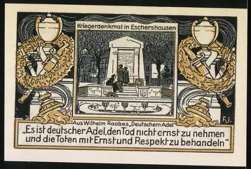 Notgeld Eschershausen 1921, 75 Pfennig, Wilhelm Raabes Geburtshaus und Kriegerdenkmal in Eschershausen