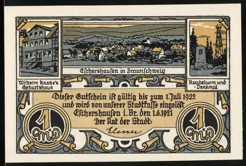 Notgeld Eschershausen 1921, 1 Mark, Wilhelm Raabe Geburtshaus und Raabeturm-Denkmal