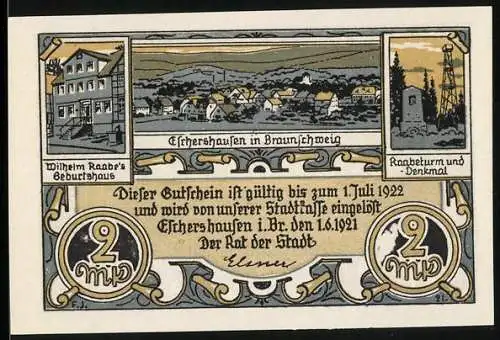 Notgeld Eschershausen 1921, 2 Mark, Wilhelm Raabes Geburtshaus und Raabebrunnen-Denkmal, Arbeiter und Maschinenabbildung