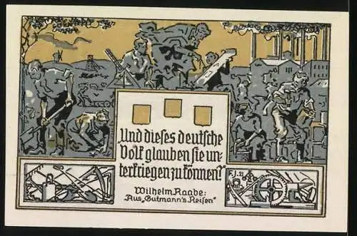 Notgeld Eschershausen 1921, 2 Mark, Wilhelm Raabes Geburtshaus und Raabebrunnen-Denkmal, Arbeiter und Maschinenabbildung