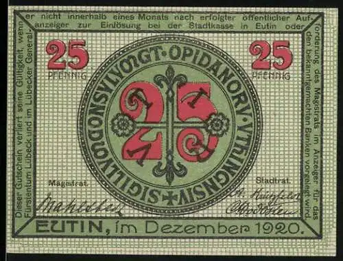 Notgeld Eutin, 1920, 25 Pfennig, Wappen und Unterschriften, Voss-Haus und Inschrift