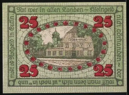 Notgeld Eutin, 1920, 25 Pfennig, Wappen und Unterschriften, Voss-Haus und Inschrift