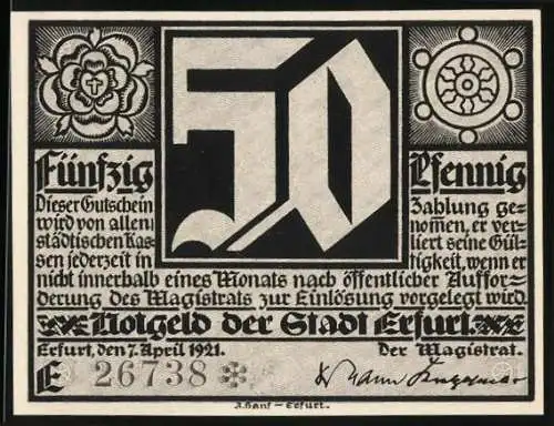 Notgeld Erfurt 1921, 50 Pfennig, Illustration von zwei Personen und Text