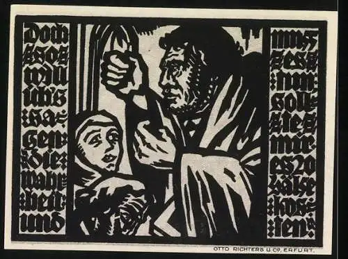 Notgeld Erfurt 1921, 50 Pfennig, Illustration von zwei Personen und Text