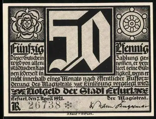 Notgeld Erfurt 1921, 50 Pfennig, schwarz-weisses Design mit Stadtwappen und Porträt, Seriennummer 26738