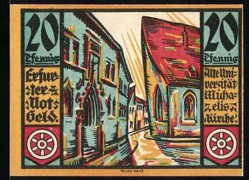 Notgeld Erfurt 1920, 20 Pfennig, alte Universität Michaeliskirche enge Gasse und historische Gebäude, Nr. 329267