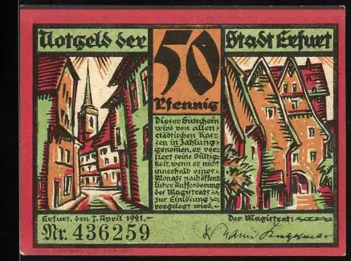 Notgeld Erfurt 1921, 50 Pfennig, Stadtansichten und Dom, Seriennummer 436259