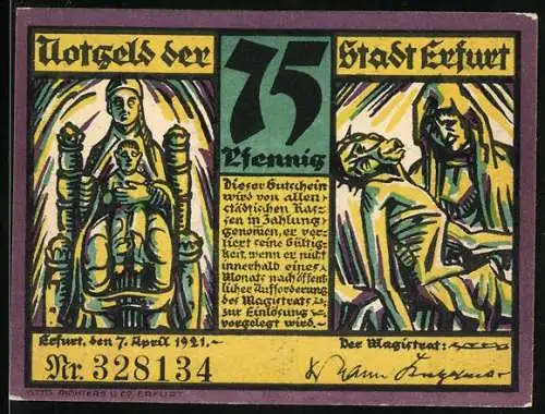 Notgeld Erfurt 1921, 75 Pfennig, Darstellung von Heiligen und historischem Gebäude