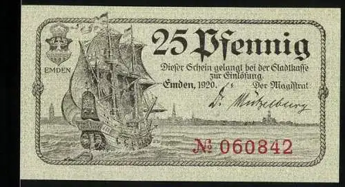 Notgeld Emden, 1920, 25 Pfennig, Segelschiff und Hafentor-Szene