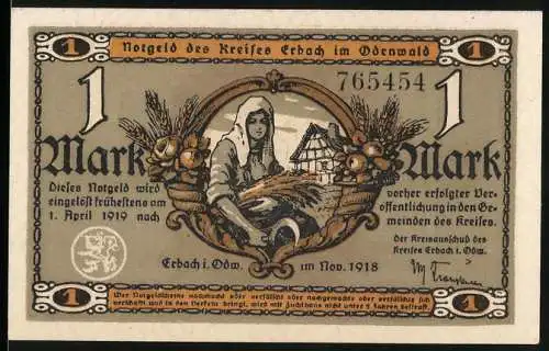 Notgeld Erbach 1918, 1 Mark, weibliche Figur mit Ährenbündeln vor Fachwerkhaus, Mühle