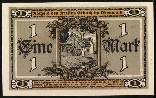 Notgeld Erbach 1918, 1 Mark, weibliche Figur mit Ährenbündeln vor Fachwerkhaus, Mühle