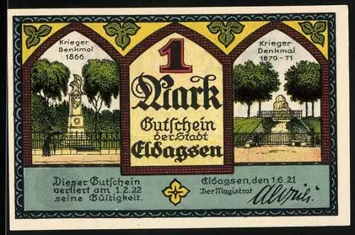 Notgeld Eldagsen, 1921, 1 Mark, Krieger Denkmäler 1866 und 1870-71, historische Erzählung von 1625 auf Rückseite