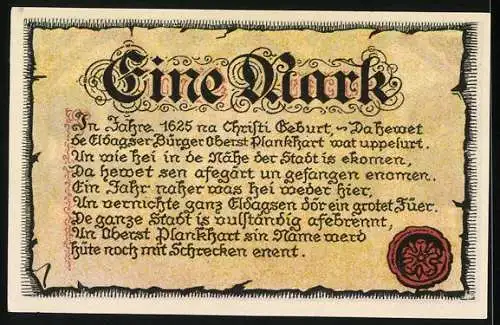 Notgeld Eldagsen, 1921, 1 Mark, Krieger Denkmäler 1866 und 1870-71, historische Erzählung von 1625 auf Rückseite