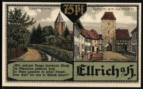 Notgeld Ellrich 1921, 75 Pfennig, Ravensturm und Torturm am Salzmarkt, Gutschein mit Stadtwappen und Unterschriften