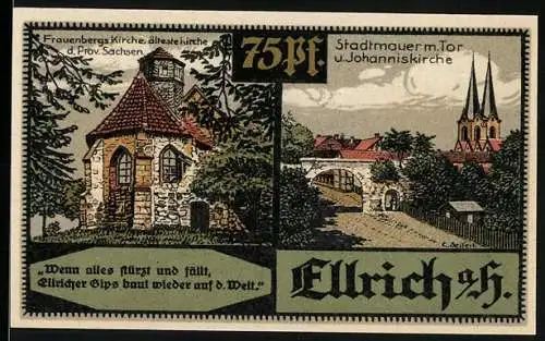 Notgeld Ellrich 1921, 75 Pf, Stadtmauer und Johanniskirche, Frauenbergskirche, Wappen, Gutschein Nr. 013772