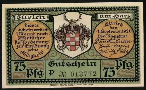 Notgeld Ellrich 1921, 75 Pf, Stadtmauer und Johanniskirche, Frauenbergskirche, Wappen, Gutschein Nr. 013772