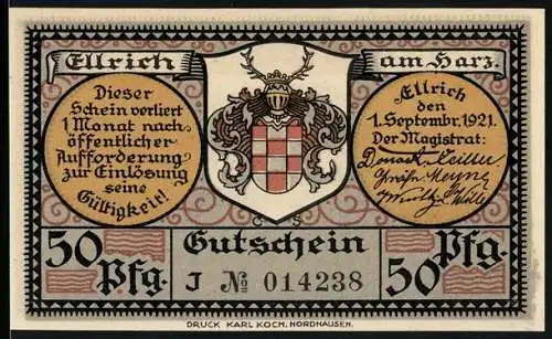 Notgeld Ellrich am Harz 1921, 50 Pfennig, Stadtansicht mit Kirche und Eisenbahn, Wappen und Magistratsunterschriften