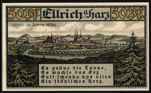 Notgeld Ellrich am Harz, 1921, 50 Pf, Stadtansicht von Ellrich, Wappen und Gültigkeitshinweise