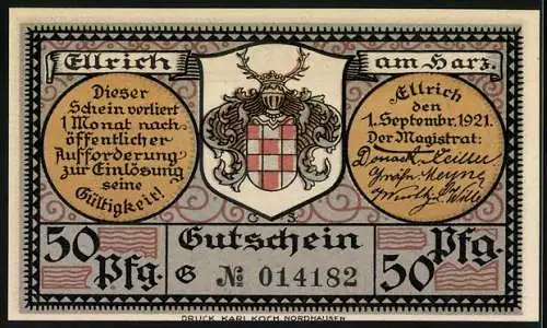 Notgeld Ellrich am Harz, 1921, 50 Pf, Stadtansicht von Ellrich, Wappen und Gültigkeitshinweise