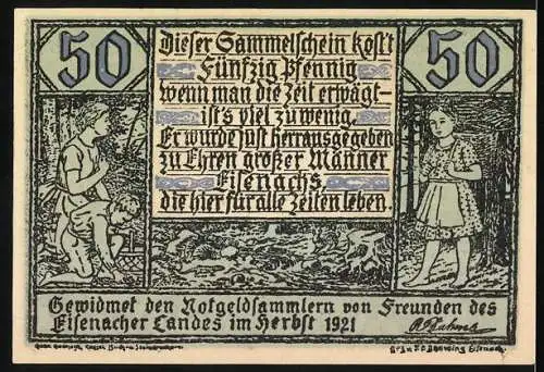 Notgeld Eisenach 1921, 50 Pfennig, Porträt und Szenen des Alltags gewidmet an Notgeldsammler