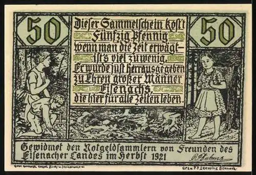 Notgeld Eisenach, 1921, 50 Pfennig, Gedenkschein zur Ehrung grosser Männer Eisenachs