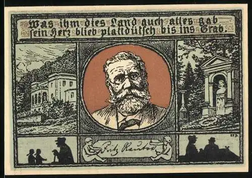 Notgeld Eisenach 1921, 50 Pfennig, Portrait eines Mannes und Landschaftsszenen, Inschrift und Widmung an Sammler