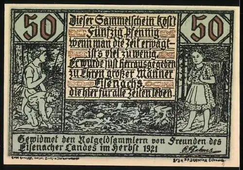 Notgeld Eisenach 1921, 50 Pfennig, Portrait eines Mannes und Landschaftsszenen, Inschrift und Widmung an Sammler