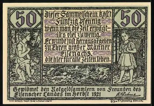 Notgeld Eisenach 1921, 50 Pfennig, Martin Luther und Widmung an Sammler im Herbst 1921