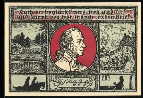 Notgeld Eisenach 1921, 50 Pfennig, Porträt von Johann Wolfgang von Goethe, Kinder und Text in Rot und Schwarz