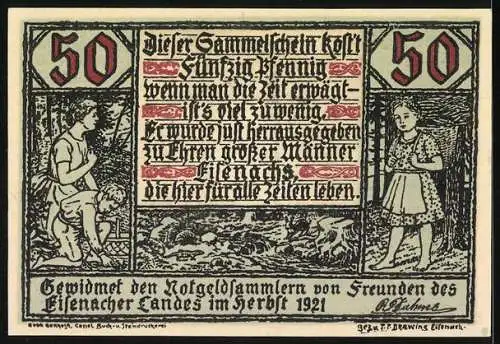 Notgeld Eisenach 1921, 50 Pfennig, Porträt von Johann Wolfgang von Goethe, Kinder und Text in Rot und Schwarz